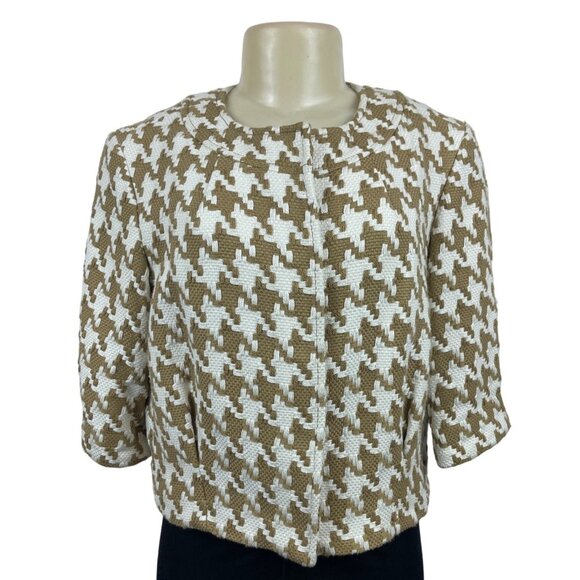 Michael Kors Women’s Brown Houndstooth Camel Cropped Blazer Jacket Sz P/S - Picture 1 of 8